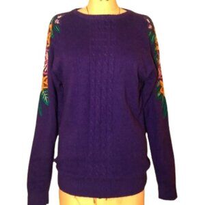 Vintage wool blend floral embroidered sleeves purple sweater